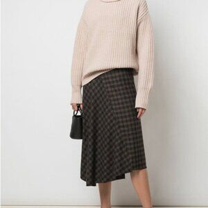 VINCE Mahogany Check Plaid Draped Midi Skirt